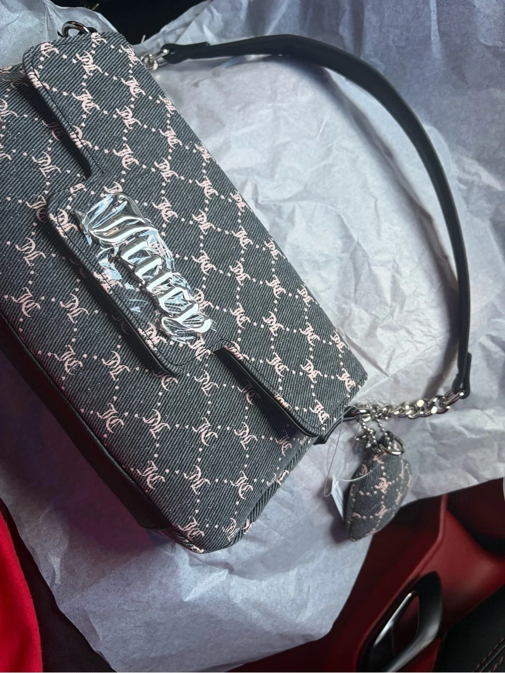 Juicy Couture Black and White Monogram Crossbody Bag with Chain Strap